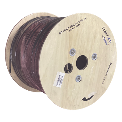 Carrete de 2 km de Fibra Óptica Aérea Mini Figura 8 G.657A1 tipo Drop, Monomodo de 2 Hilos (bifibra), Diseñada para Fusionarse, Color Negro, Span 80, (No Soporta Conectores Mecánicos)