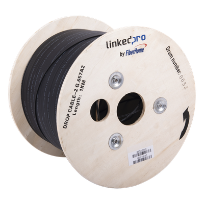Carrete de 1 km de Fibra Óptica Drop, Interior/Exterior G.657A2 Monomodo de 2 hilos (bifibra), Dieléctrica, Forro Negro
