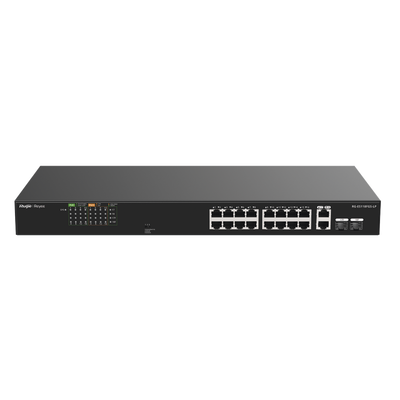 Switch PoE no administrable de 16 puertos 10/100 Mbps con 2 puertos Gigabit, visible en Ruijie Cloud, con un diseño de alta calidad y un presupuesto de PoE de 120 W