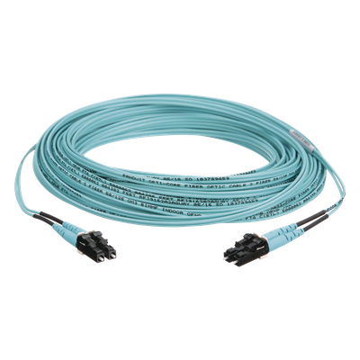 Jumper de Fibra Óptica OM3, 2 Fibras, 1.6 mm, Chaqueta OFNR, LC Dúplex a LC Dúplex, 10 Metros
