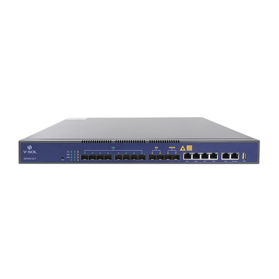 OLT de 8 puertos GPON con 8 puertos Uplink (4 puertos Gigabit Ethernet + 2 puertos SFP + 2 puertos SFP+), hasta 1024 ONUs