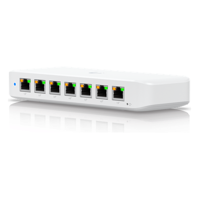 UniFi Switch Ultra 210W Administrable / 8 puertos GbE / (1) puerto POE++ IN opcional y (7) puertos POE+/ Wattaje depende de fuente o POE IN / Incluye fuente AC hasta 202W para POE