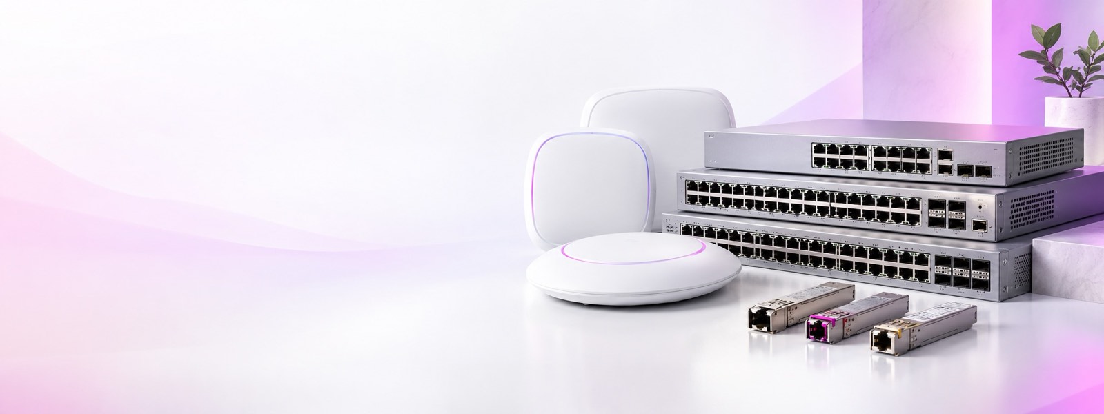 Imagen conceptual de switches, puntos de acceso y transceptores para venta B2B